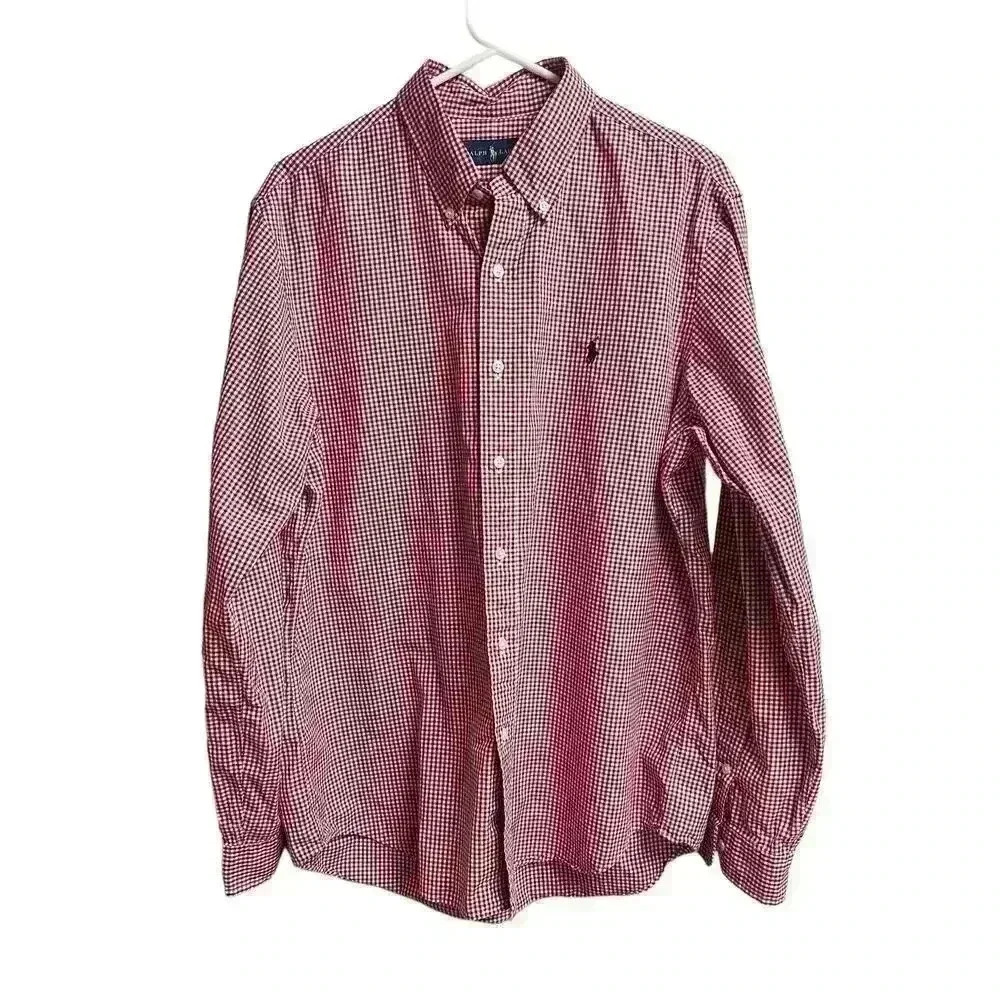Ralph Lauren Red White Plaid Men's Large Button Up Embroidered Logo